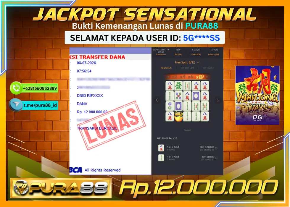 PURA88 JACKPOT MAHJONG WAYS Rp 12.000.000,- LUNAS